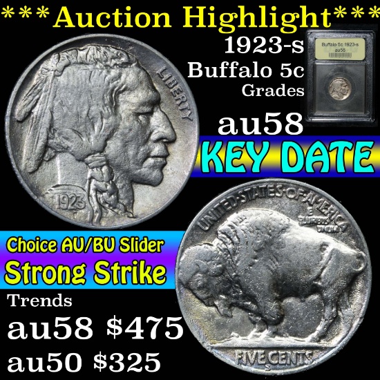 ***Auction Highlight*** 1923-s Buffalo Nickel 5c Graded Choice AU/BU Slider By USCG (fc)