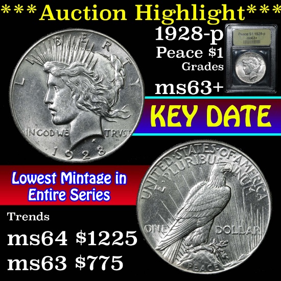 ***Auction Highlight*** 1928-p Peace Dollar $1 Graded Select+ Unc By USCG (fc)