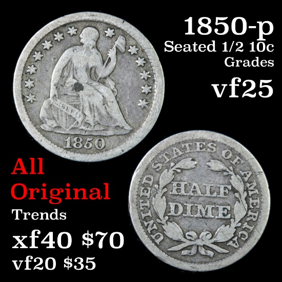 1850-p Seated Liberty Half Dime 1/2 10c Grades vf+