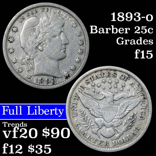 1893-o Barber Quarter 25c Grades f+