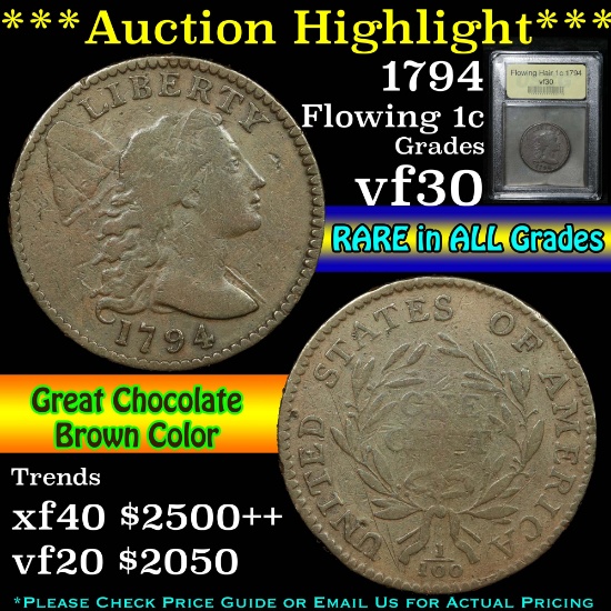 ***Auction Highlight*** 1794 Flowing Hair large cent 1c Graded vf++ By USCG (fc)