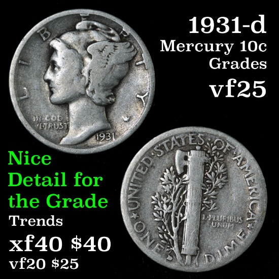 1931-d Mercury Dime 10c Grades vf+
