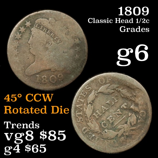 1809 Classic Head half cent 1/2c Grades g+