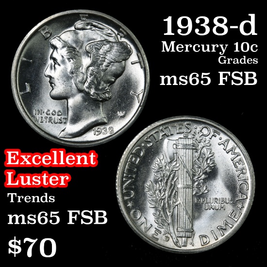 1938-d Mercury Dime 10c Grades GEM FSB