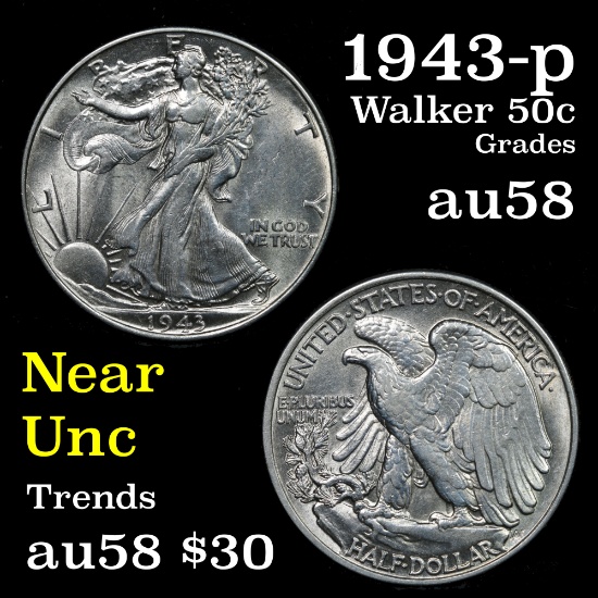 1943-p Walking Liberty Half Dollar 50c Grades Choice AU/BU Slider