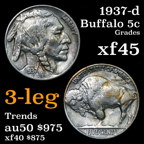 ***Auction Highlight*** 1937-d 3 leg Buffalo Nickel 5c Grades xf+ (fc)