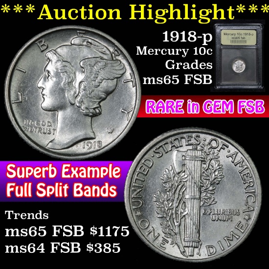***Auction Highlight*** 1918-p Mercury Dime 10c Graded GEM FSB By USCG (fc)