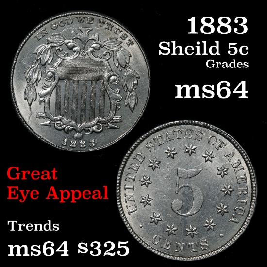 1883 Shield Nickel 5c Grades Choice Unc