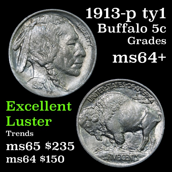 1913-p ty1 Buffalo Nickel 5c Grades Choice+ Unc