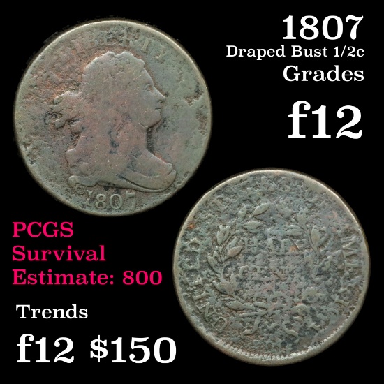 1807 Draped Bust Half Cent 1/2c Grades f, fine