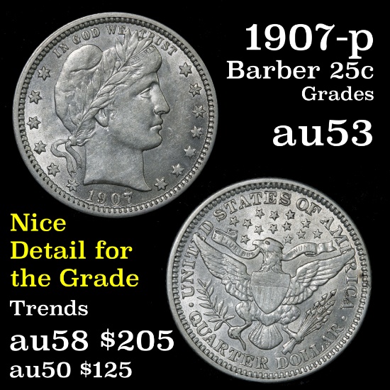 1907-p Barber Quarter 25c Grades Select AU