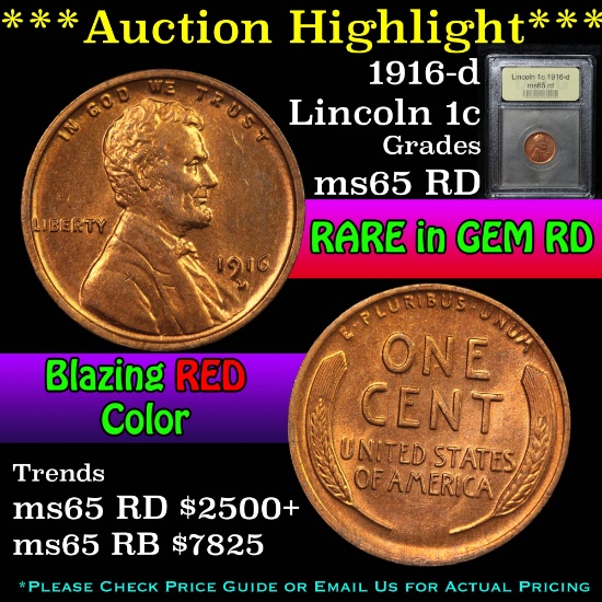 ***Auction Highlight*** 1916-d Lincoln Cent 1c Graded GEM Unc RD By USCG (fc)