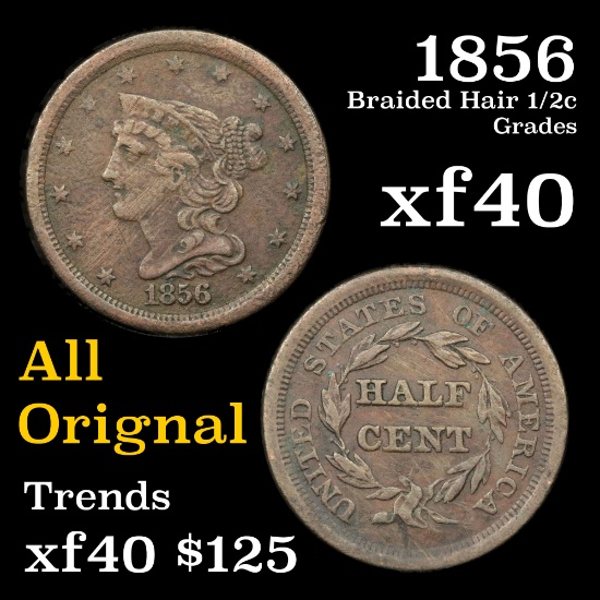 1856 Braided Hair Half Cent 1/2c Grades xf