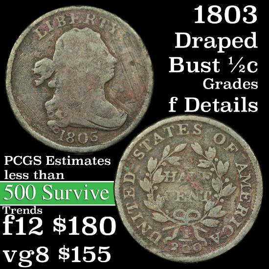 1803 Draped Bust Half Cent 1/2c Grades f details