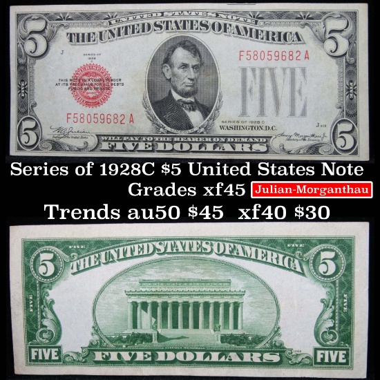 1928C $5 Red Seal United States Note Grades xf+