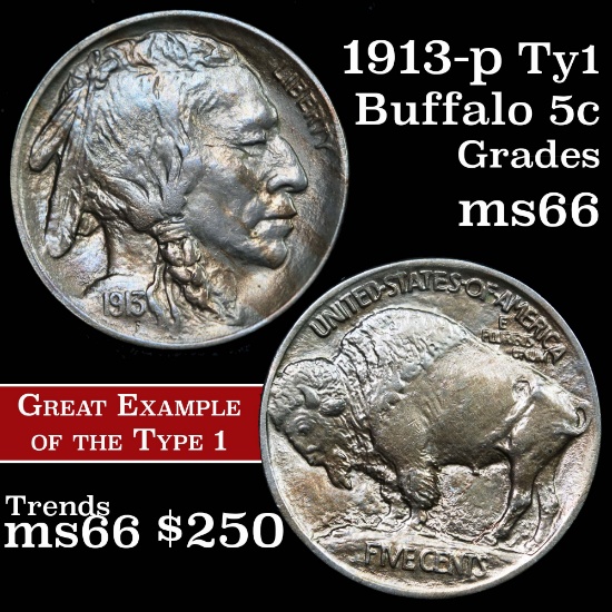 1913-p ty1 Buffalo Nickel 5c Grades GEM+ Unc