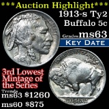 ***Auction Highlight*** 1913-s ty2 Buffalo Nickel 5c Grades Select Unc (fc)