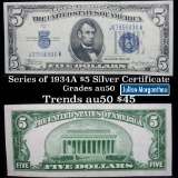 1934A $5 Blue Seal Silver Certificate Grades AU, Almost Unc
