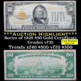 ***Auction Highlight*** 1928 $50 Gold certificate sigs Woods/Mellon Grades vf++ (fc)