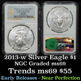 NGC 2013-w Silver Eagle Dollar $1 Graded ms69 By NGC