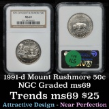 NGC 1991-s Mount Rushmore Modern Commem Half Dollar 50c Graded ms69 By NGC