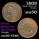 1809 Classic Head half cent 1/2c Grades AU, Almost Unc