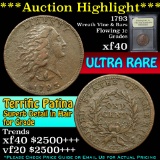 ***Auction Highlight*** 1793 wreath vine&bars Flowing Hair large cent 1c Graded xf By USCG (fc)