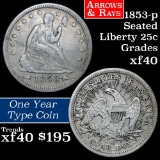1853 arrows & rays Seated Liberty Quarter 25c Grades xf
