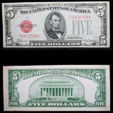 1928C $5 Red Seal United States Note Grades AU, Almost Unc