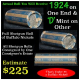 Full roll of Buffalo Nickels, 1924 on one end & a 'd' Mint reverse on other end (fc)