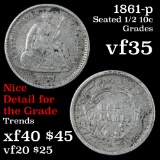 1861-p Seated Liberty Half Dime 1/2 10c Grades vf++