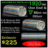 Full roll of Buffalo Nickels, 1920 on one end & a 'd' Mint reverse on other end (fc)