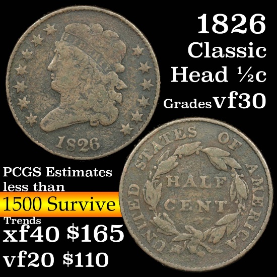 1826 Classic Head half cent 1/2c Grades vf++