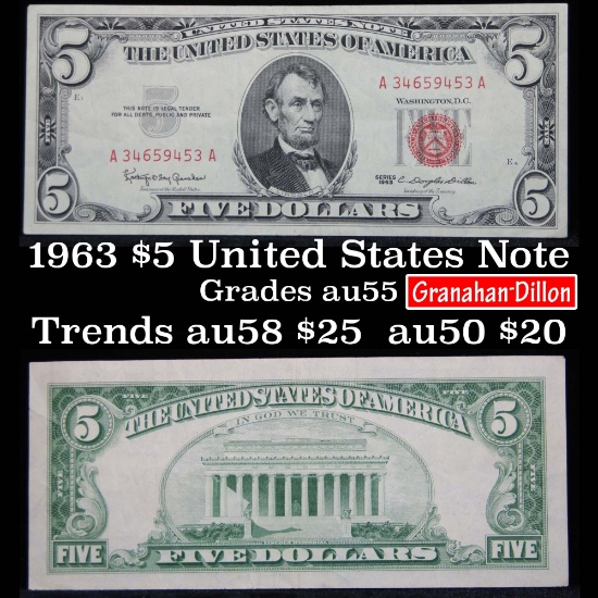 1963 $5 Red seal United States Note Grades Choice AU