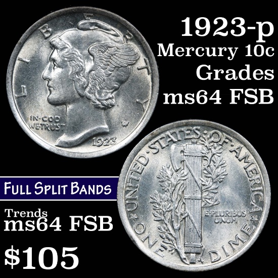 1923-p Mercury Dime 10c Grades Choice Unc FSB