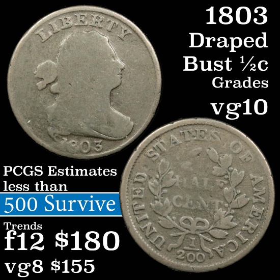 1803 Draped Bust Half Cent 1/2c Grades vg+