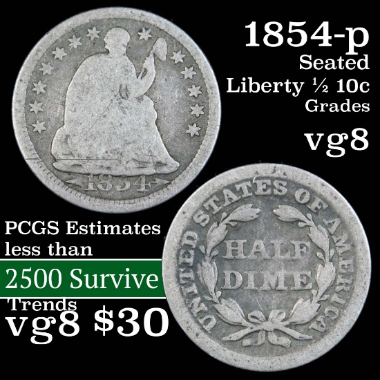 1854-p Seated Liberty Half Dime 1/2 10c Grades vg, very good
