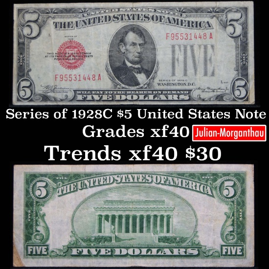 1928C $5 Red Seal United States Note Grades xf