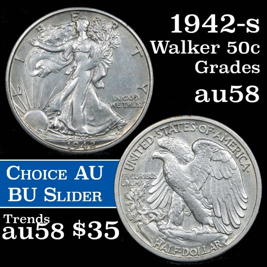 1942-s Walking Liberty Half Dollar 50c Grades Choice AU/BU Slider