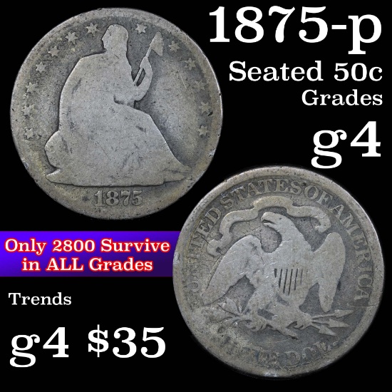 1875-p Seated Half Dollar 50c Grades g, good