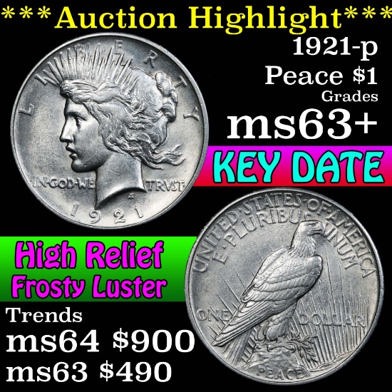 ***Auction Highlight*** 1921-p Peace Dollar $1 Grades Select+ Unc (fc)