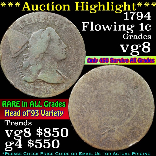 ***Auction Highlight*** 1794 Liberty Cap Flowing Hair large cent 1c Grades vg, very good (fc)