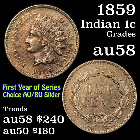 1859 Indian Cent 1c Grades Choice AU/BU Slider (fc)