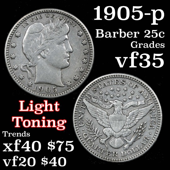 1905-p Barber Quarter 25c Grades vf++