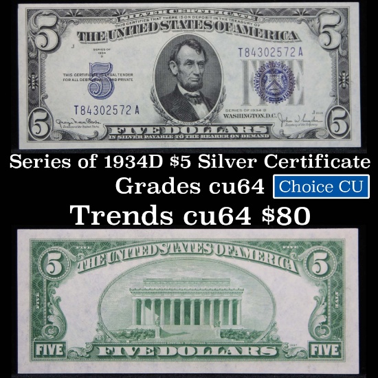 1934D $5 Blue Seal Silver Certificate Grades Choice CU