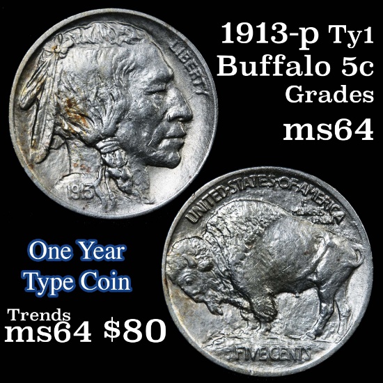 1913-p Buffalo Nickel 5c Grades Choice Unc