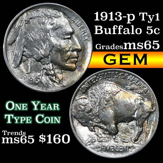 1913-p ty1 Buffalo Nickel 5c Grades GEM Unc