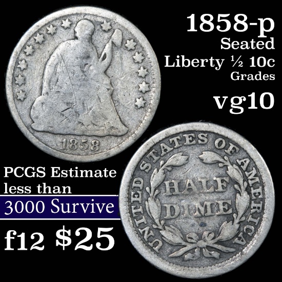 1858-p Seated Liberty Half Dime 1/2 10c Grades vg+