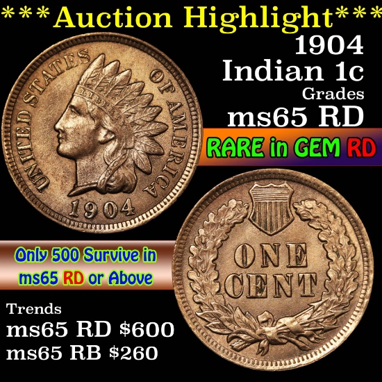 ***Auction Highlight*** 1904 Indian Cent 1c Grades GEM Unc RD (fc)