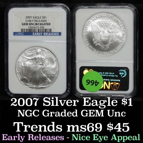 NGC 2007 Silver Eagle Dollar $1 Graded gem uncirculated By NGC